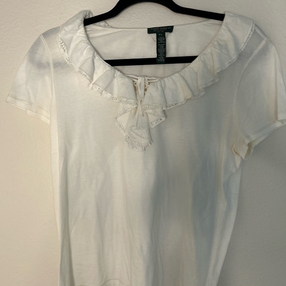 Ralph Lauren Cream Ruffle Neck Tee - Picture 1 of 4